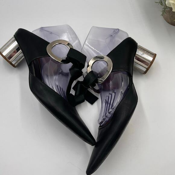 Proenza Schouler Black Leather Grommet Tie Block Mirrored Mules Heel Sz 41/10 - Picture 8 of 12